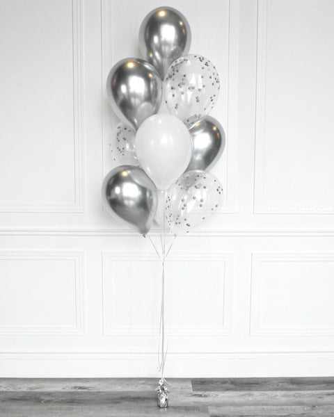 Silver and White - Confetti Balloon Bouquet full length product image