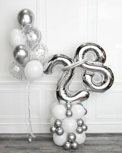 Argent et blanc - Bouquet de ballons confettis et colonne de ballons à deux chiffres