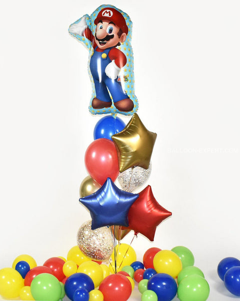 Super Mario Confetti Balloon Bouquet - Red Blue Chrome Gold Boys Birthday