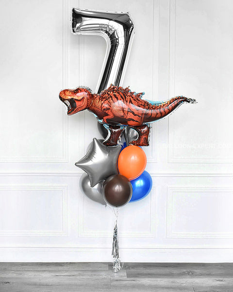 T-Rex Number Balloon Bouquet - Blue Brown Orange And Silver Boys Birthday