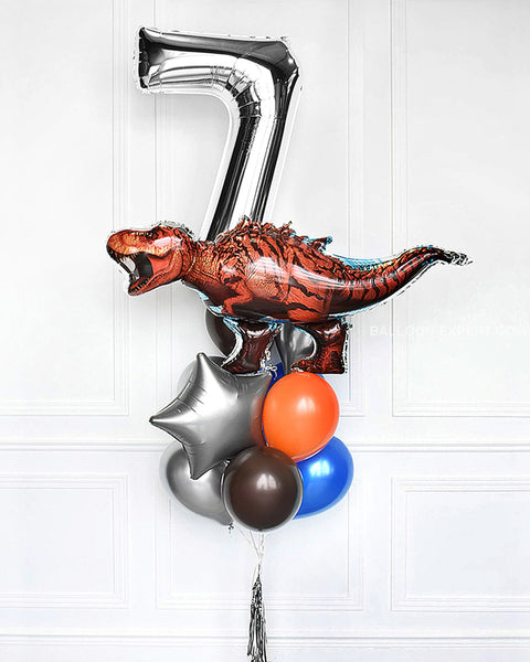 T-Rex Number Balloon Bouquet - Blue Brown Orange And Silver Boys Birthday