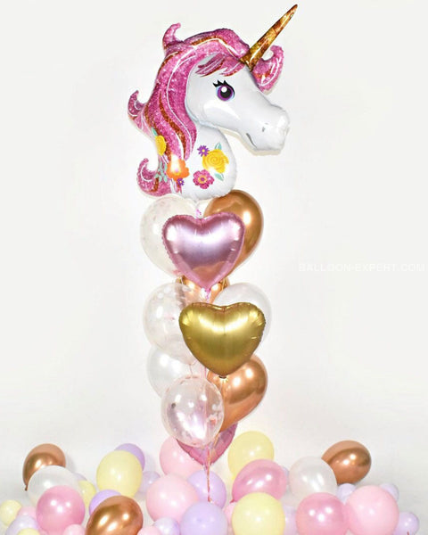 Unicorn Confetti Balloon Bouquet - Pink Copper Chrome Gold Rose Girls Birthday