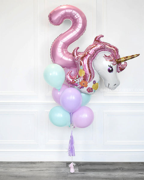 Unicorn Number Balloon Bouquet - Pink Mint And Lilac Girls Birthday