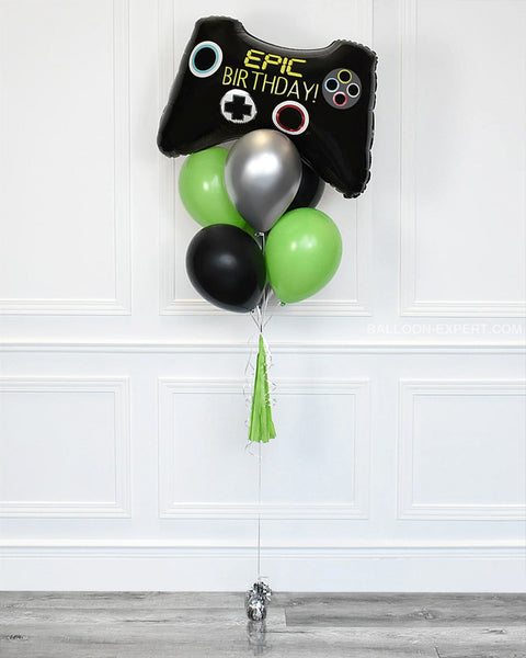 Video Game Balloon Bouquet - Green Black Chrome Silver Boys Birthday