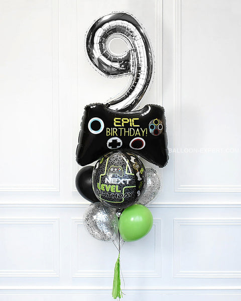 Video Game Number Confetti Balloon Bouquet - Lime Green Black Chrome Silver Boys Birthday