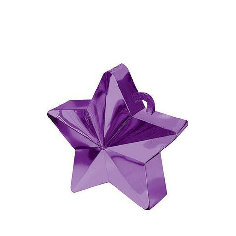 purple star shaped balloon weight with a metallic finish