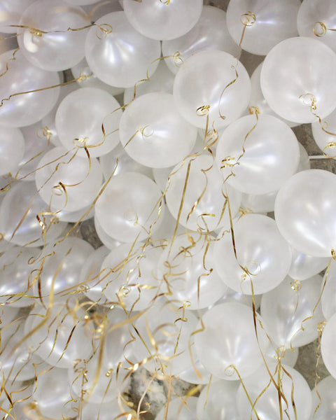White Balloon Ceiling with Gold Strings