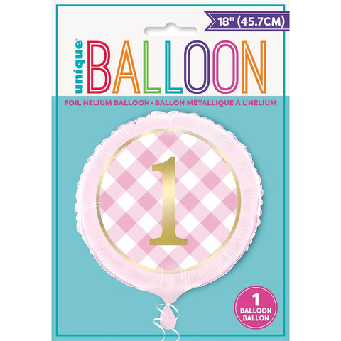 Buy Balloons Pink Gingham 1st Birthday Mylar Balloon 18 Inches sold at Balloon Expert