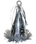 a silver party hat-shaped foil balloon weight