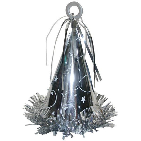 a silver party hat-shaped foil balloon weight