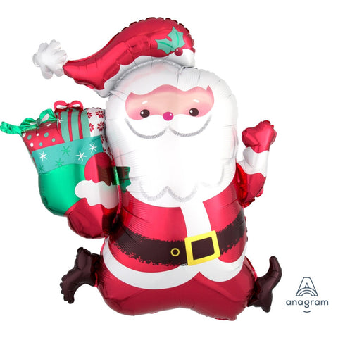 big foil balloon in the shape of santa clause carrying gifts in his sack