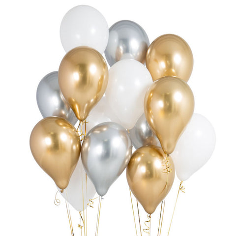 Bouquet de ballons dorés, argentés et blancs