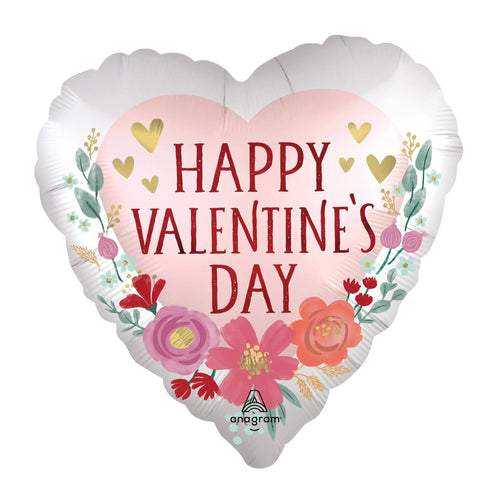 LE GROUPE BLC INTL INC Balloons "Happy Valentine's Day" Satin Romantic Heart Supershape Foil Balloon with Flowers, 28 Inches, 1 Count 026635451253