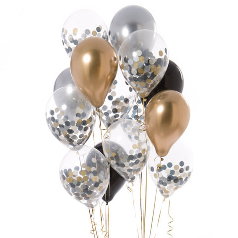 Black, Gold, Silver Confetti Balloon Bouquet